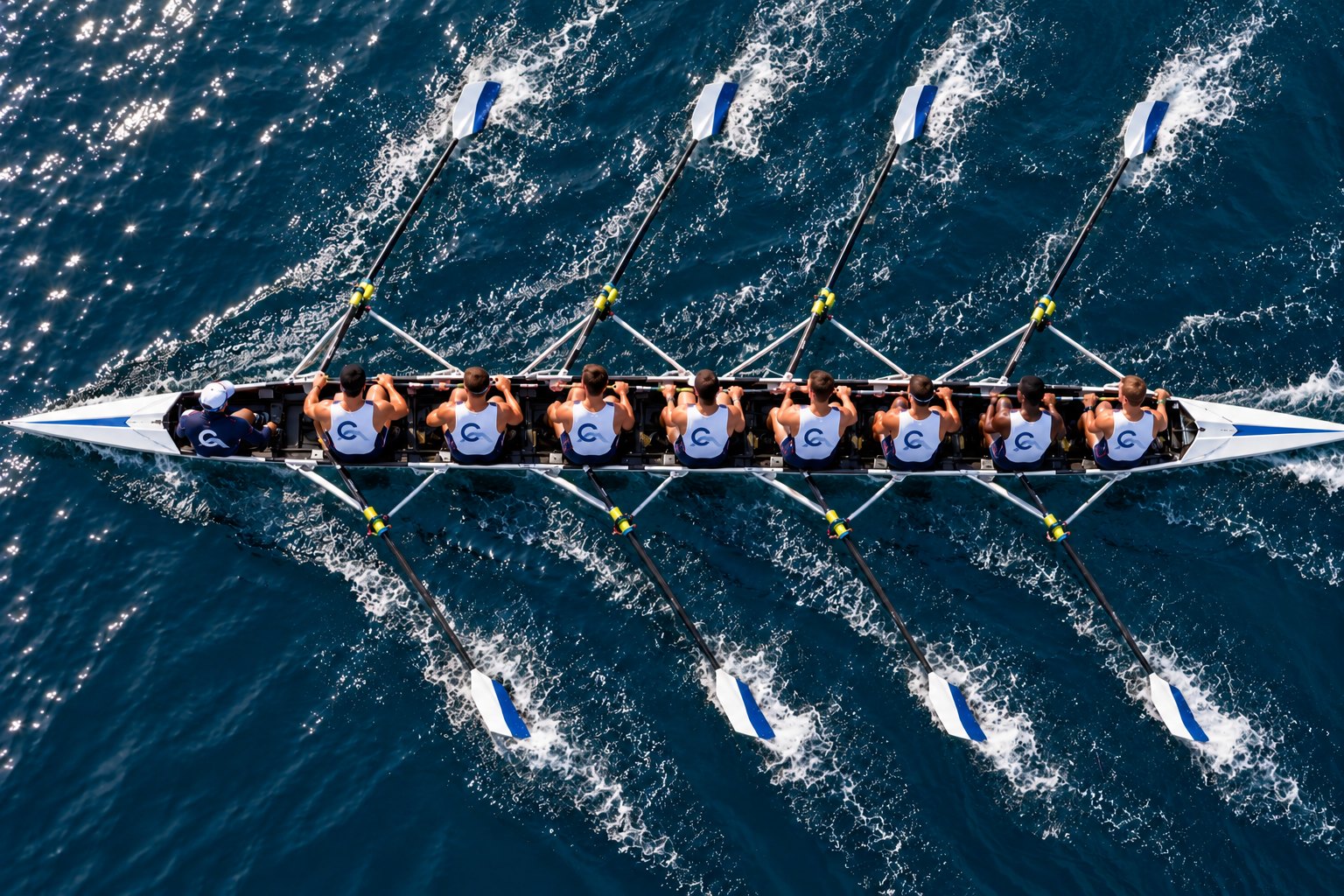 An eight-person rowing crew in Capital 42 colors, seen from above, pulling in unison
